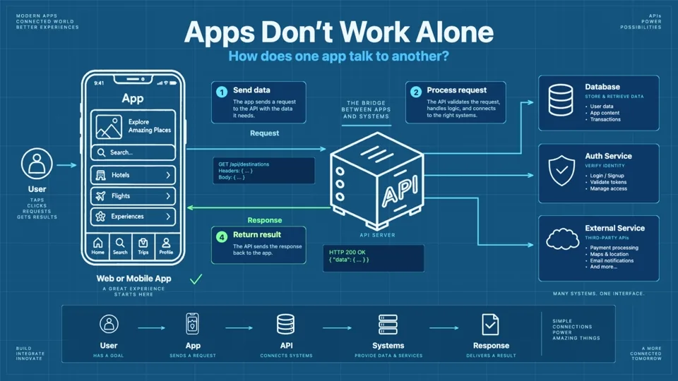 Apps Don’t Work Alone — How APIs Connect — blueprint animation