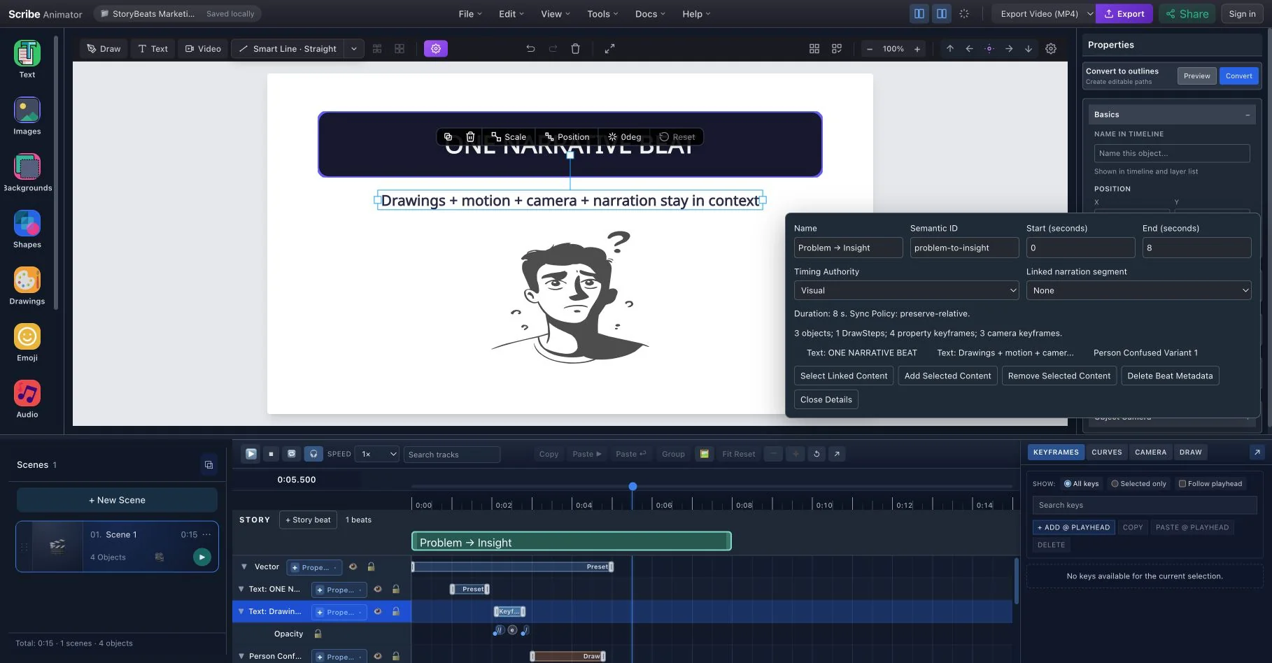 A selected StoryBeat with several related timeline elements in Scribe Animator