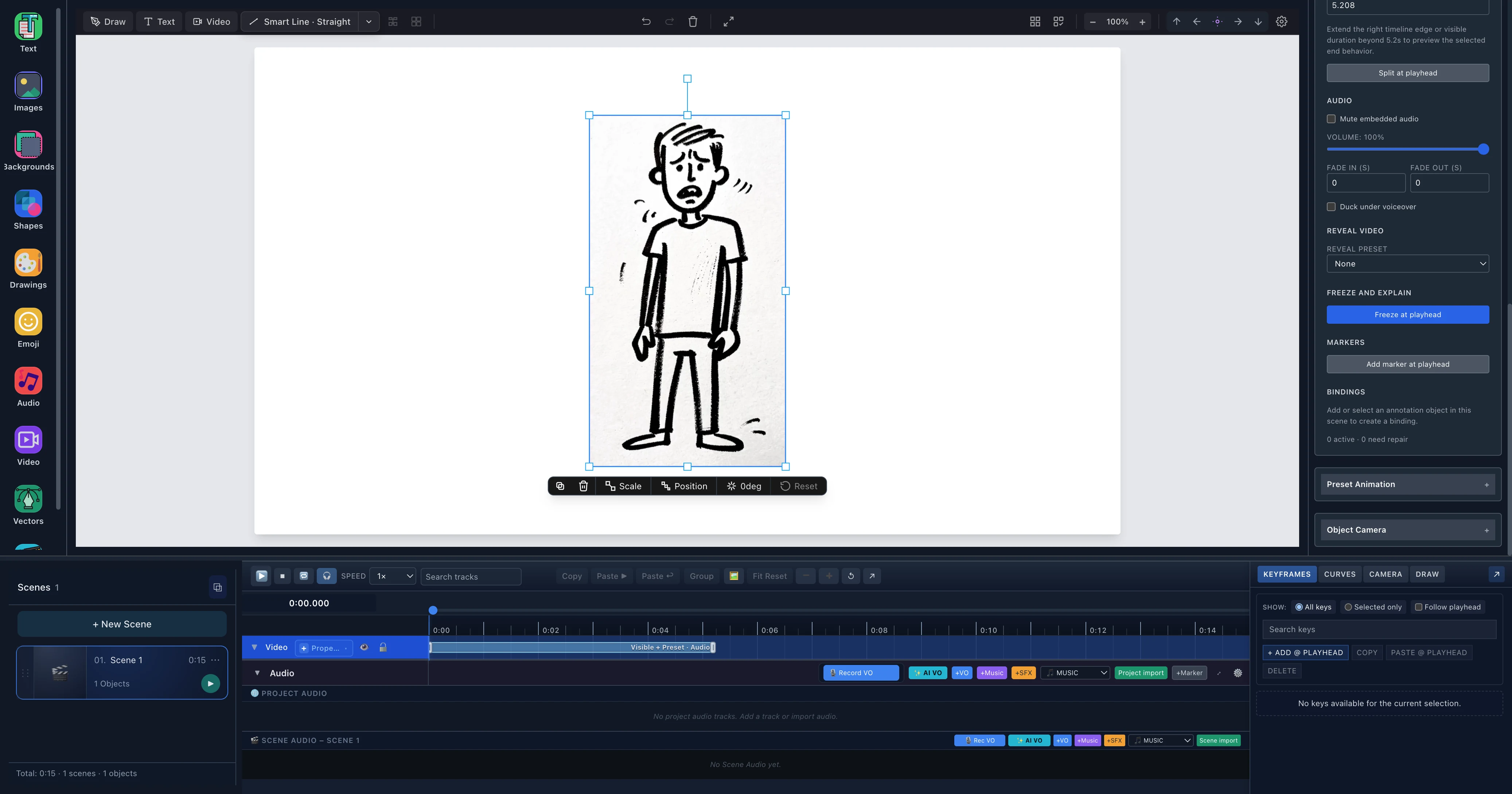 A video selected on the Scribe canvas with its timeline and Freeze and Explain controls